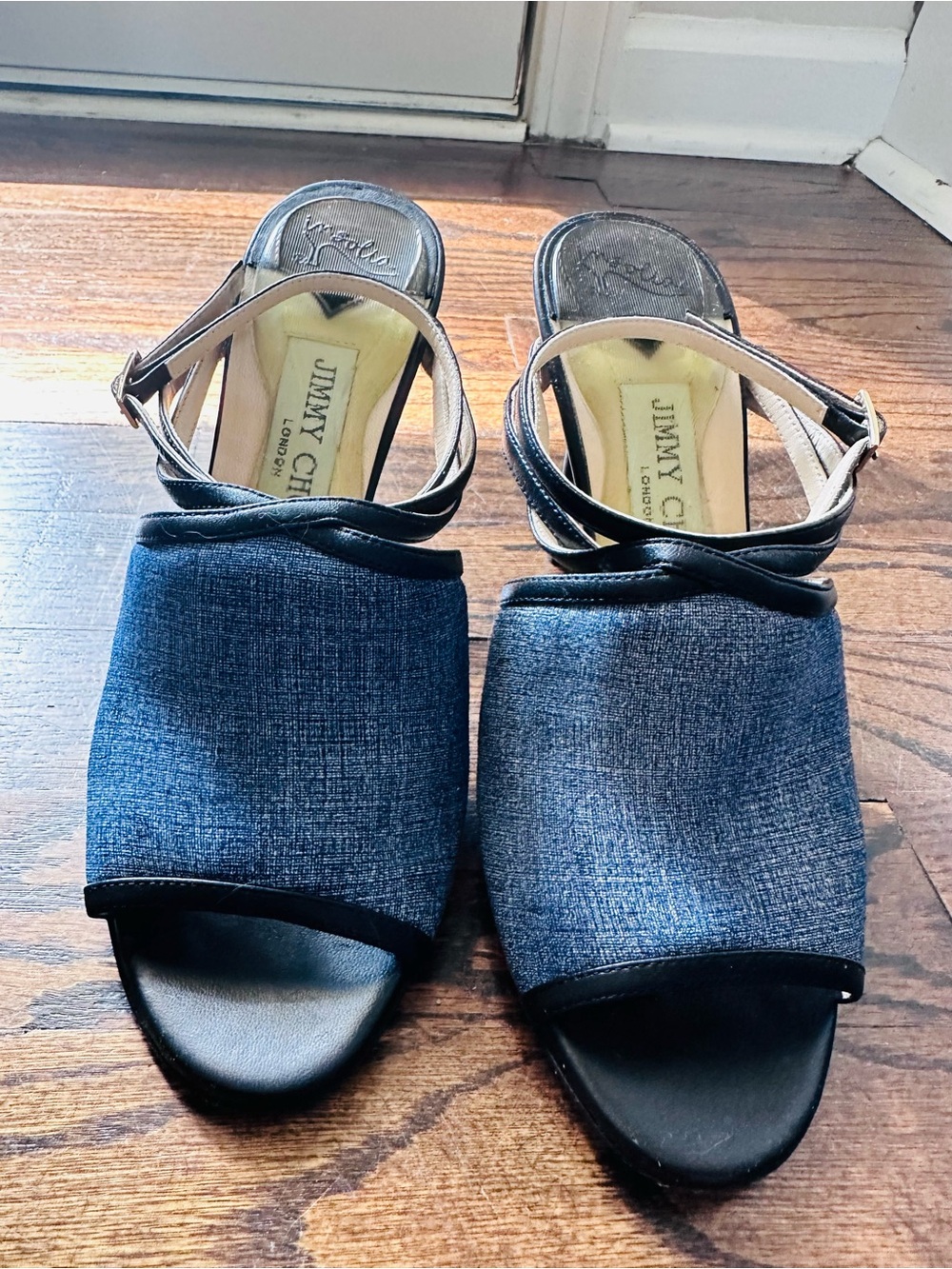 Jimmy Choo Navy Leather Denim Open-Toe Heels Ankle Straps
